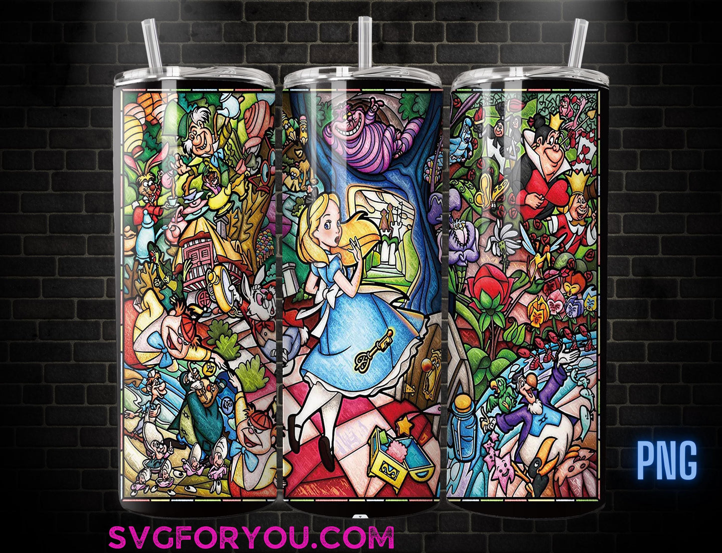 Alice in Wonderland Stained Glass 20oz Skinny Tumbler Template PNG, Mad Hatter Tea Party Skinny Tumbler Wrap Design PNG