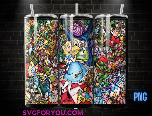 Alice in Wonderland Stained Glass 20oz Skinny Tumbler Template PNG, Mad Hatter Tea Party Skinny Tumbler Wrap Design PNG