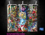 Alice in Wonderland Stained Glass 20oz Skinny Tumbler Template PNG, Mad Hatter Tea Party Skinny Tumbler Wrap Design PNG