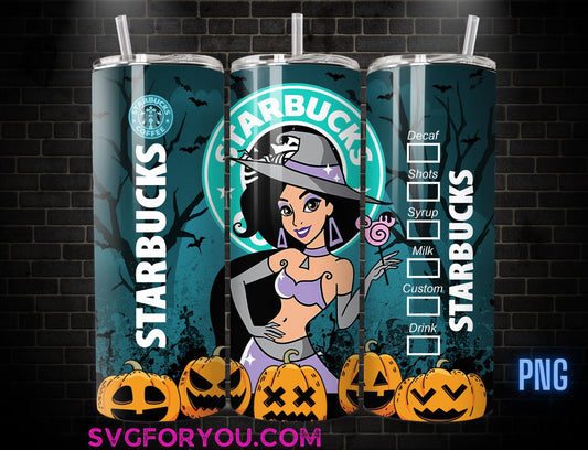 Princess Witchy Halloween Jasmine Coffee Tumbler Wrap PNG , 20oz Skinny Tumbler, Aladdin Skinny Tumbler Wrap PNG
