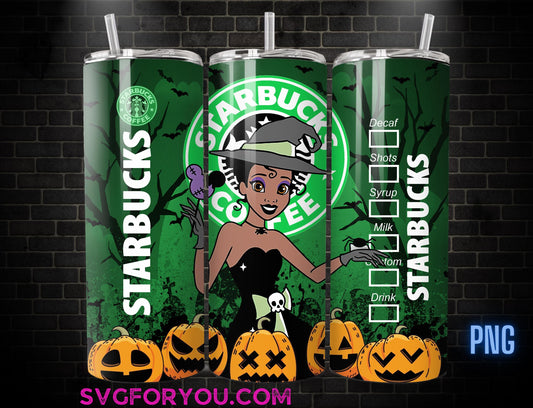 Princess Witchy Halloween Tiana Coffee Tumbler Wrap PNG , 20oz Skinny Tumbler, Princess and the Frog Skinny Tumbler Wrap PNG