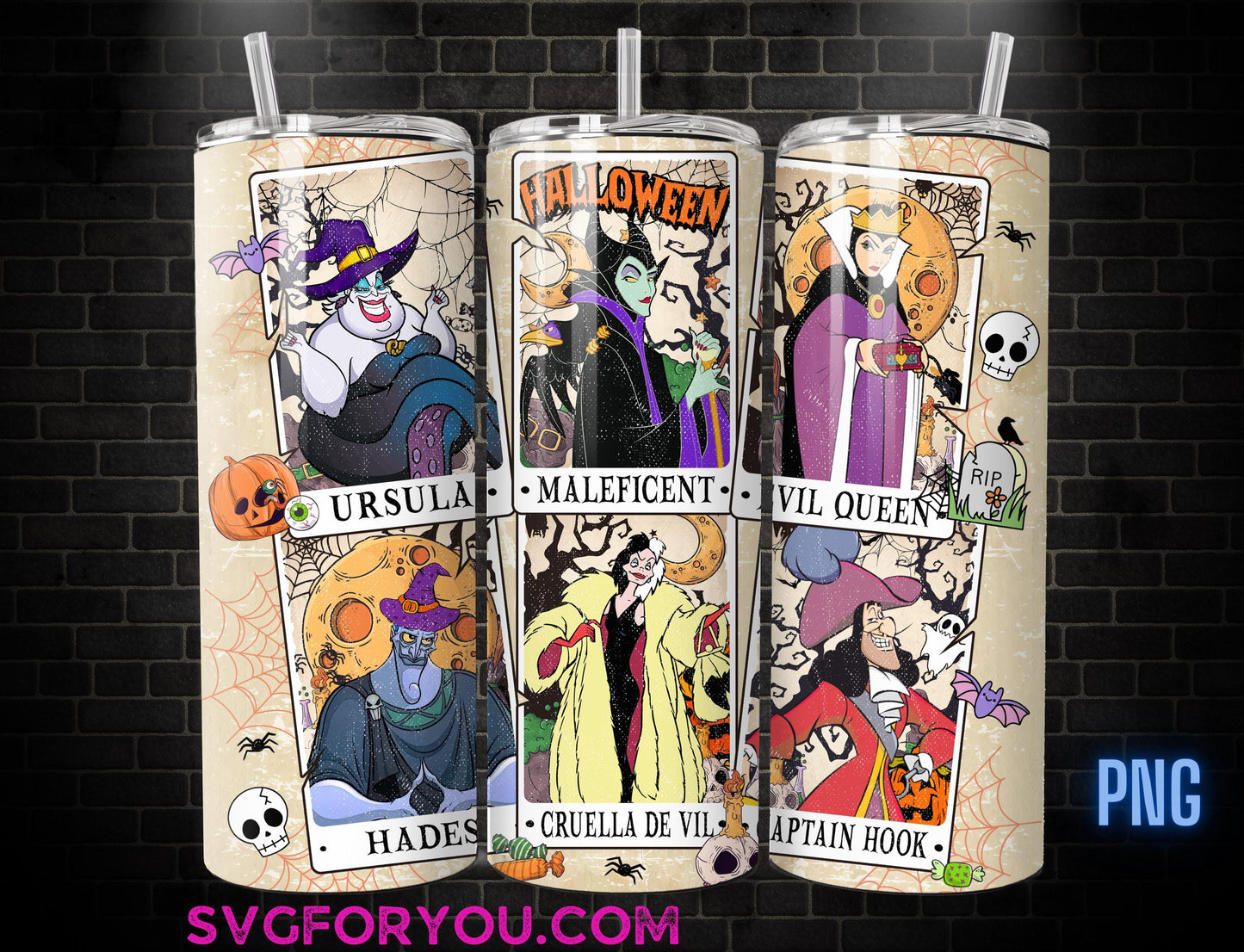 Villains Halloween Tarot Cards Coffee 20oz Skinny Tumbler PNG, Villains Skinny Tumbler Wrap Design PNG File Digital Download