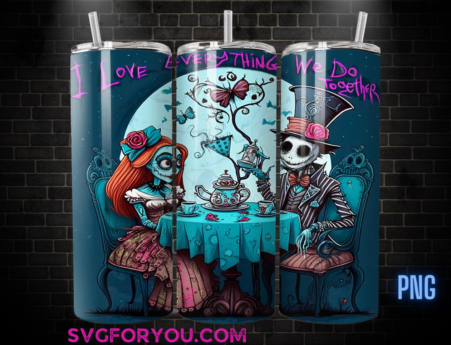Retro Jack and Sally Love Everything we do 20 oz Skinny Tumbler, Valentines Sublimation Design, Nightmare Before Christmas png wrap