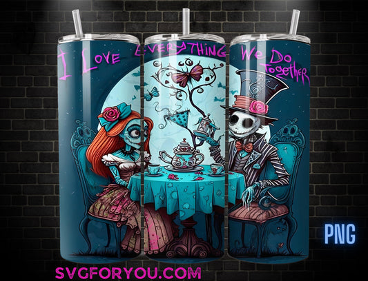 Retro Jack and Sally Love Everything we do 20 oz Skinny Tumbler, Valentines Sublimation Design, Nightmare Before Christmas png wrap