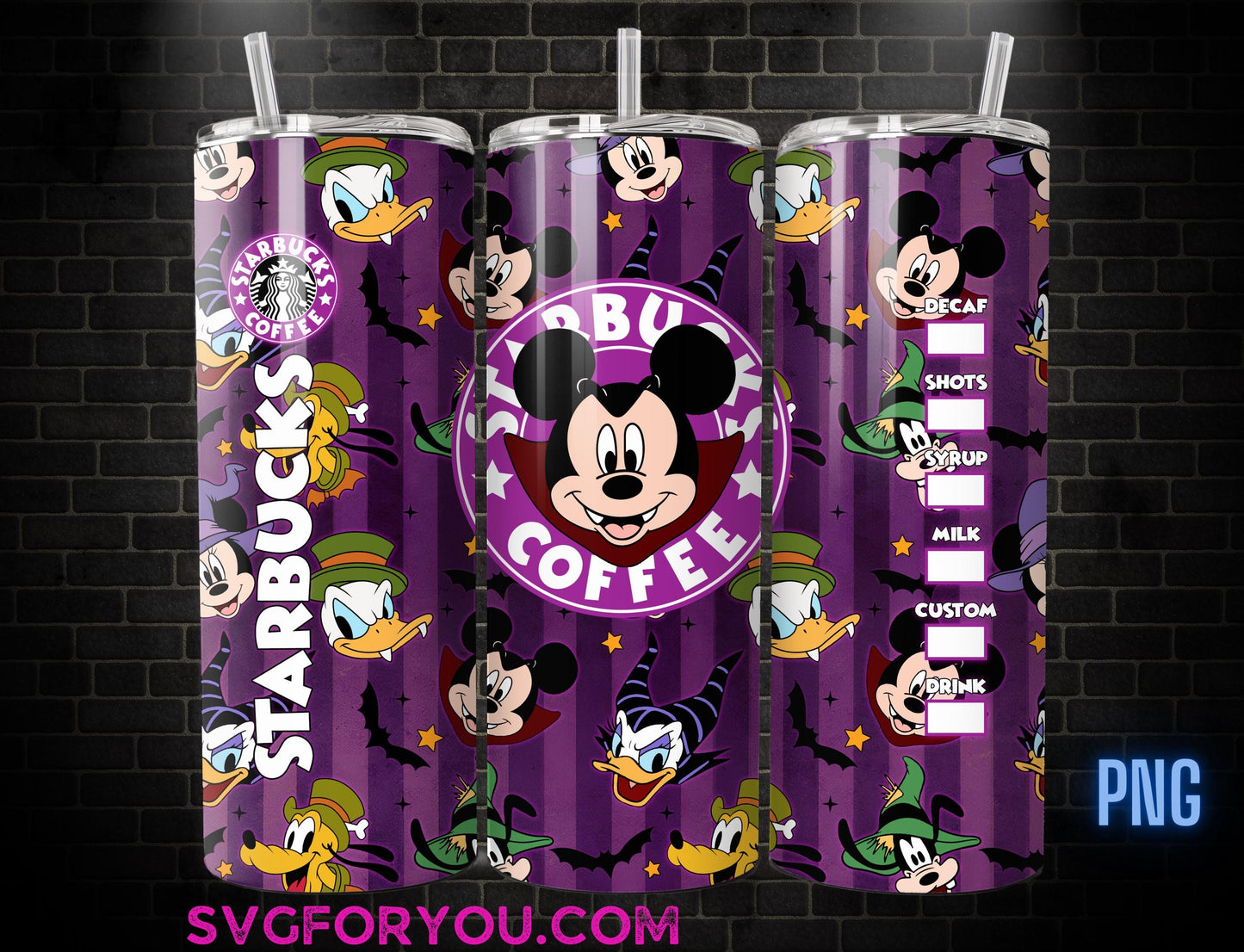 Mickey Mouse and Friends as Dracula 20oz Skinny Tumbler Template PNG, Pluto Donald Daisy Goofy Skinny Tumbler Wrap Design PNG
