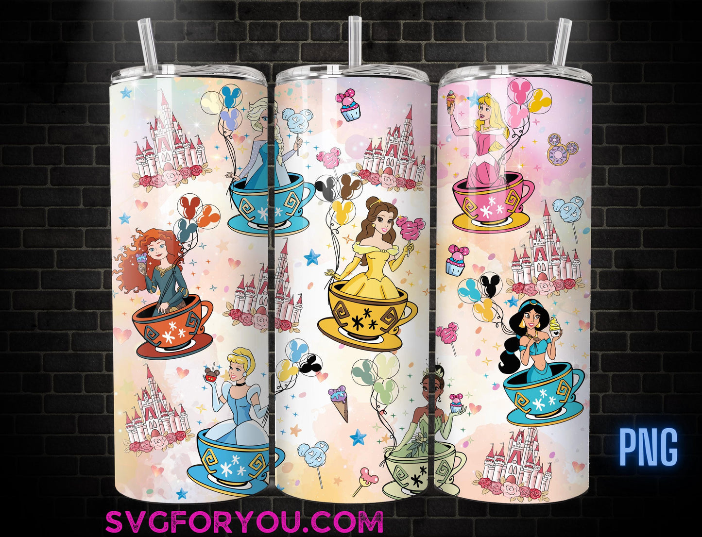 Magical Kingdom Princess Belle Tiana Elsa Jasmine Cinderella Aurora Teacups Tumbler Coffee Wrap PNG , 20oz Skinny Tumbler Wrap PNG
