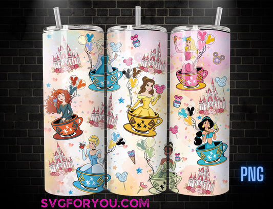 Magical Kingdom Princess Belle Tiana Elsa Jasmine Cinderella Aurora Teacups Tumbler Coffee Wrap PNG , 20oz Skinny Tumbler Wrap PNG