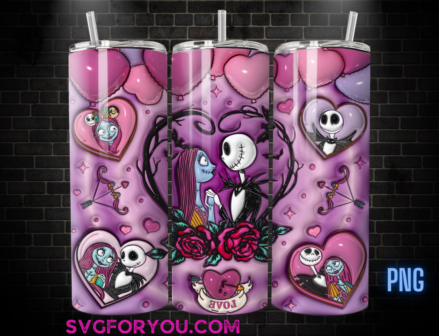 Jack Skellington and Sally Inflated Valentine 20 Oz Skinny Tumbler Png, Nightmare Before Christmas Png, Valentines 20oz Tumbler Wrap Png
