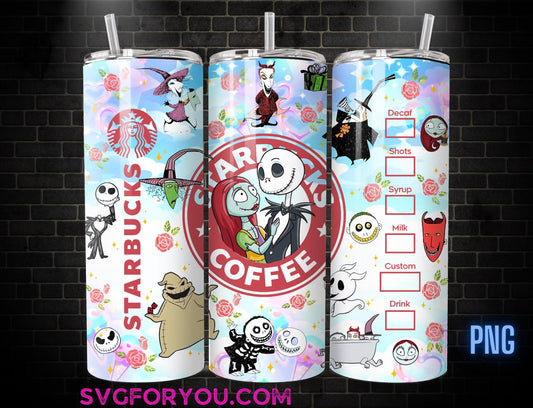Jack and Sally Blue Coffee watercolor 20 Oz Skinny Tumbler Png, Nightmare Before Christmas Png, Christmas 20oz Tumbler Wrap, Santa Png