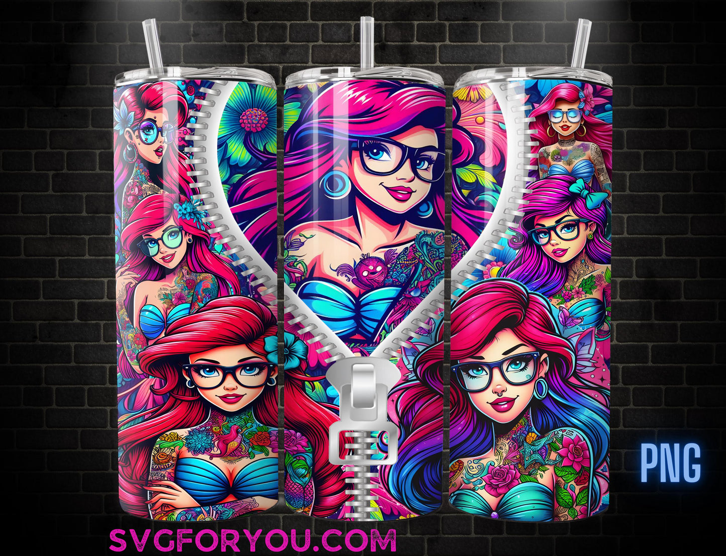 Princess Ariel Zipper Tattoo Coffee Tumbler Wrap PNG , 20oz Skinny Tumbler, The Little Mermaid Skinny Tumbler Wrap PNG