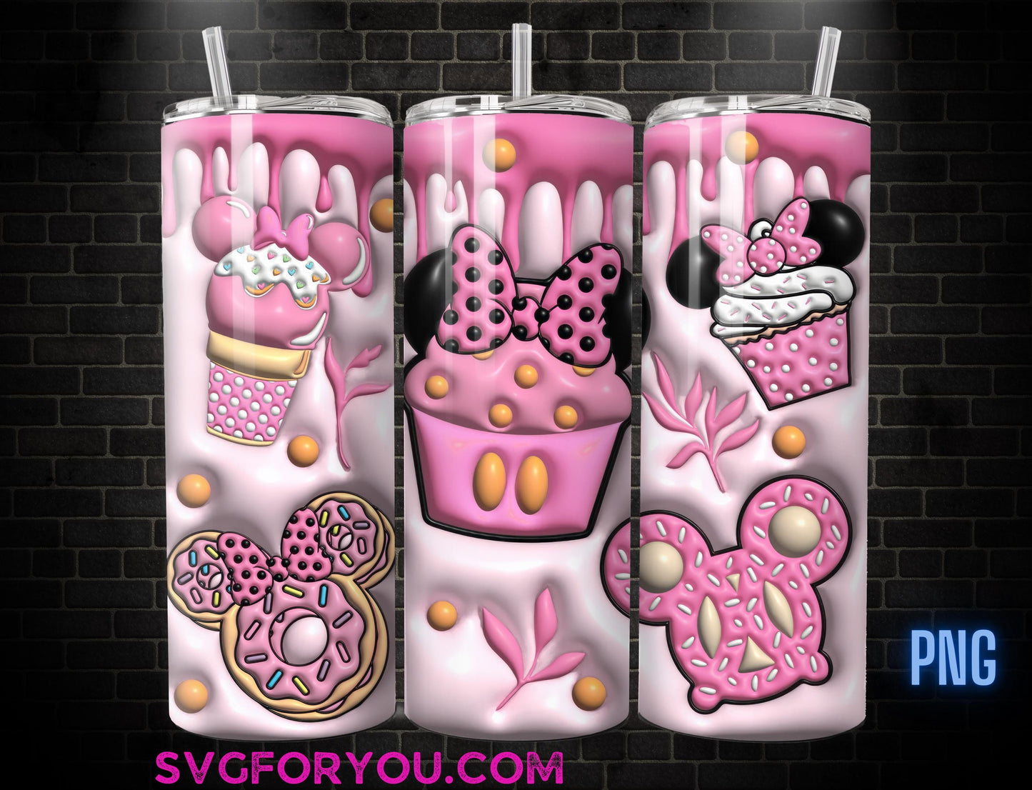 Pink Inflated Christmas Minnie Mouse Cupcakes Tumbler Sublimation Template, Mickey And Friends Png, Mickey Mouse Christmas Tumbler PNG wrap