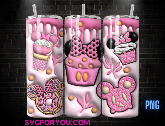 Pink Inflated Christmas Minnie Mouse Cupcakes Tumbler Sublimation Template, Mickey And Friends Png, Mickey Mouse Christmas Tumbler PNG wrap