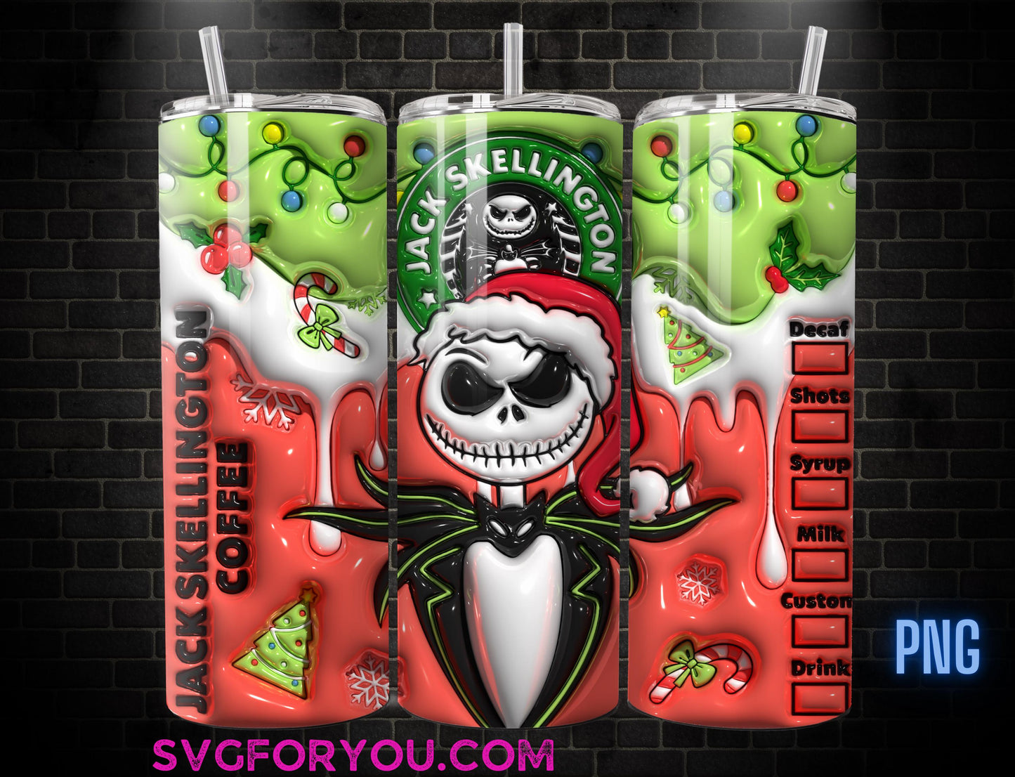 Jack Skellington Inflated Christmas 20 Oz Skinny Tumbler Png, Nightmare Before Christmas Png, Christmas 20oz Tumbler Wrap, Santa Hat Png
