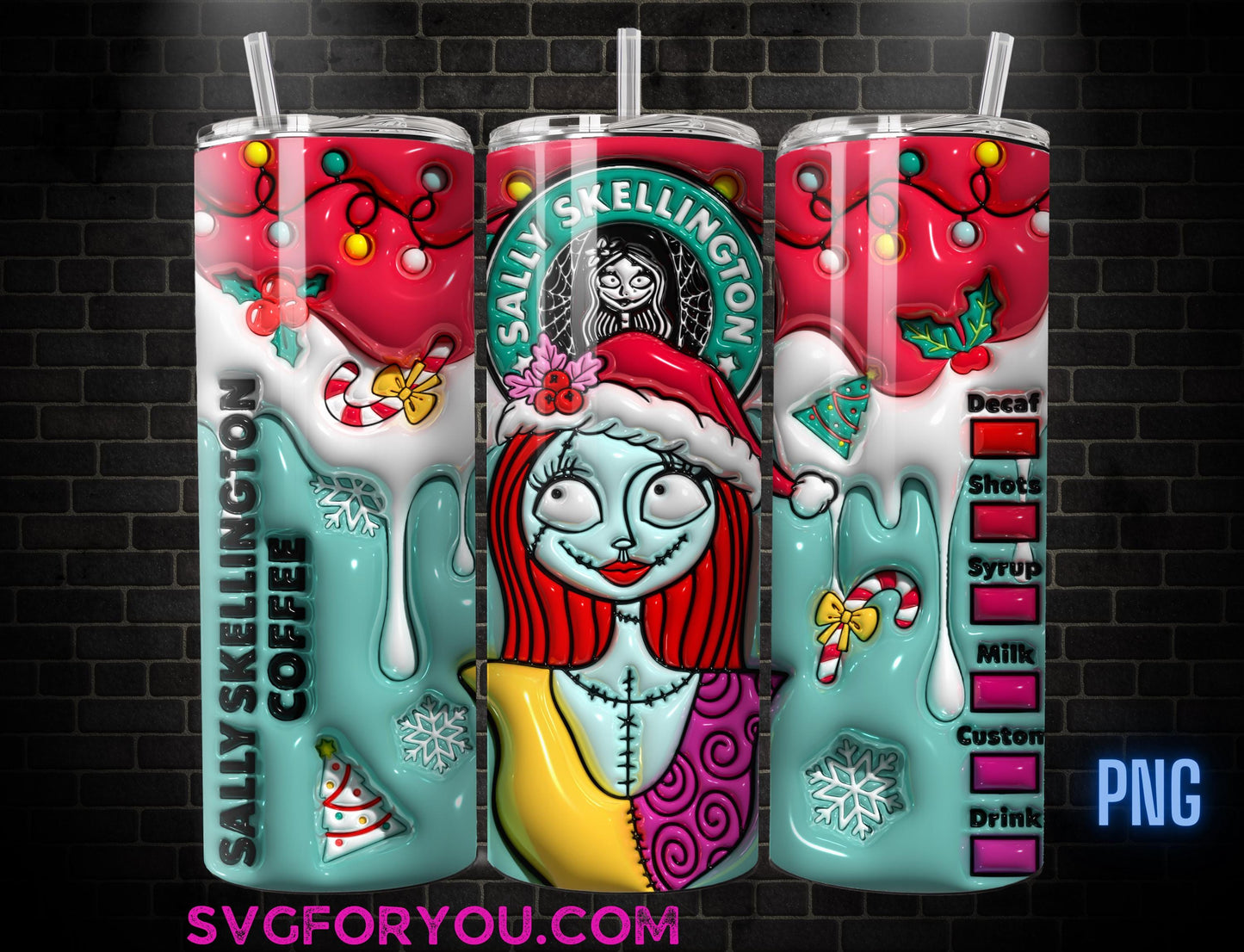 Sally, Jack Skellington Inflated Christmas 20 Oz Skinny Png, Nightmare Before Christmas Png, Christmas 20oz Tumbler Wrap, Santa Hat Png