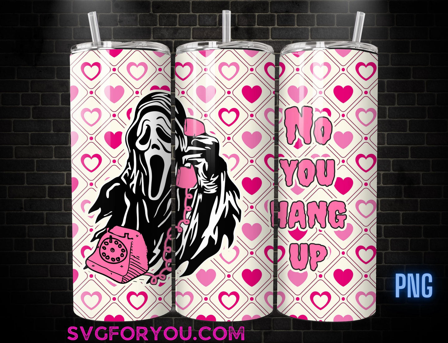 Funny Pink Horror Ghostface No you hang up 20 oz Skinny Tumbler , Movie Character 20oz Tumbler Png, Horror Halloween Tumbler Wrap