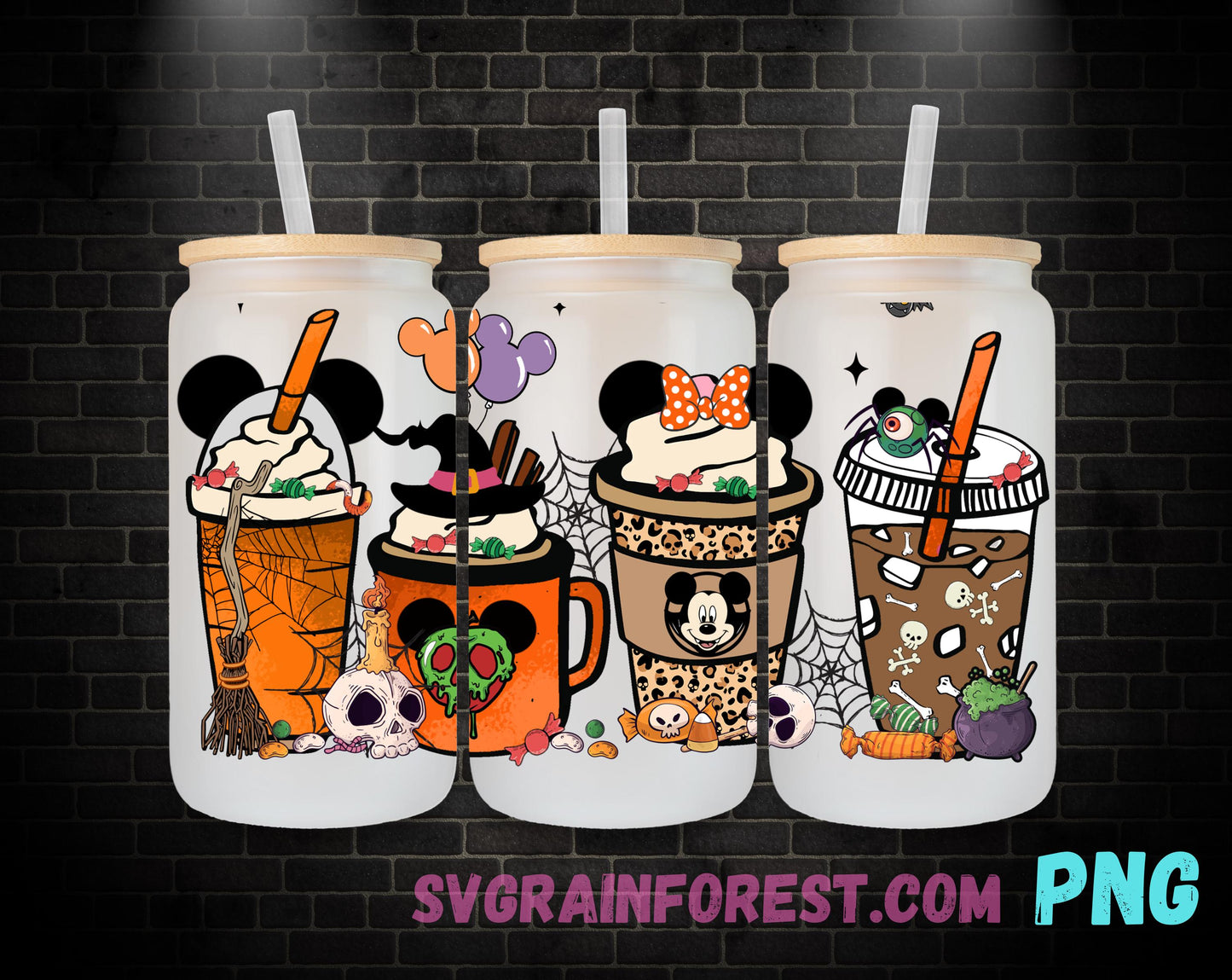 Spooky Mickey Minnie Mouse and Friends 16oz Glass Can Wrap PNG, Libbey Glass Can Wrap Halloween, Happy Halloween Glass Can Wrap PNG