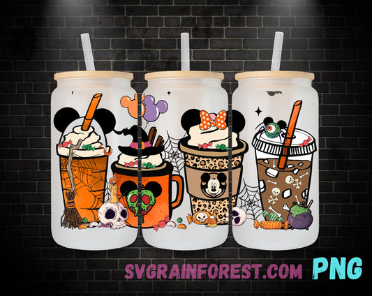 Spooky Mickey Minnie Mouse and Friends 16oz Glass Can Wrap PNG, Libbey Glass Can Wrap Halloween, Happy Halloween Glass Can Wrap PNG
