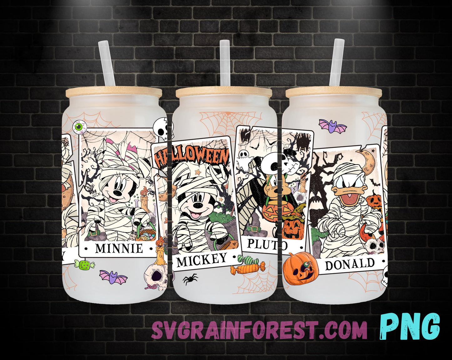 Spooky Mickey Minnie Mouse and Friends Tarot 16oz Glass Can Wrap PNG, Libbey Glass Can Wrap Halloween, Happy Halloween Glass Can Wrap PNG