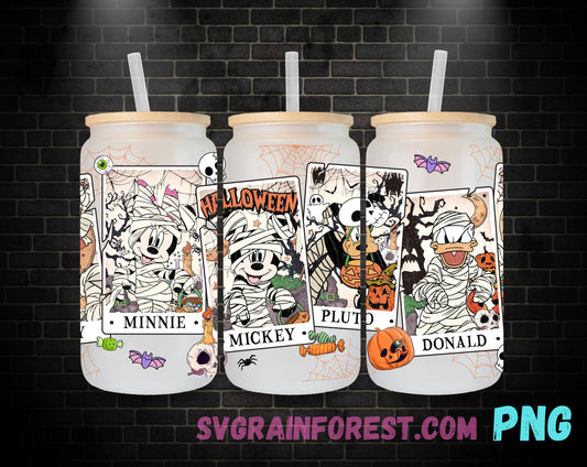 Spooky Mickey Minnie Mouse and Friends Tarot 16oz Glass Can Wrap PNG, Libbey Glass Can Wrap Halloween, Happy Halloween Glass Can Wrap PNG