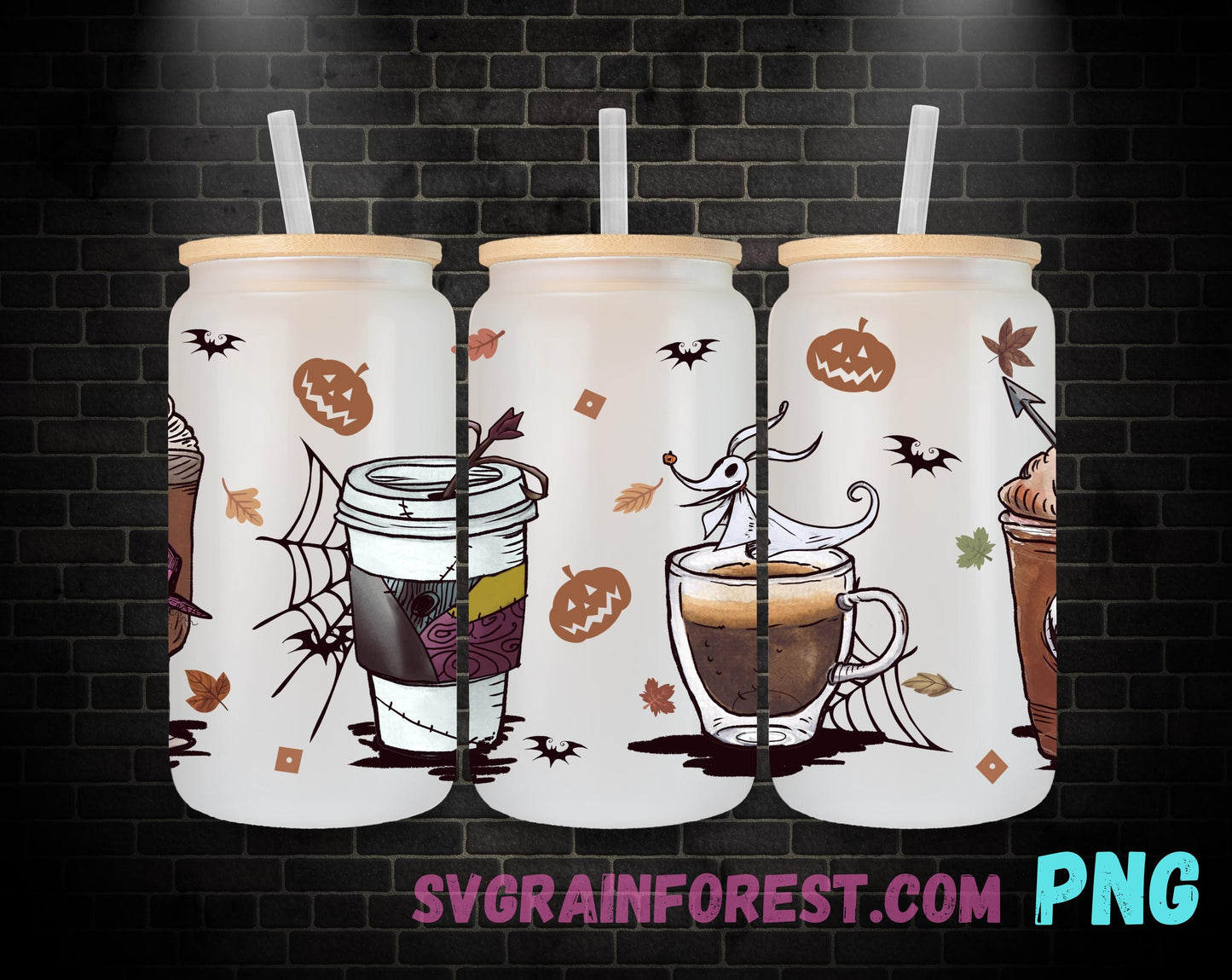Jack Skellington Fall Halloween Coffee 16oz Glass Can Wrap PNG, Libbey Glass Can Halloween, Nightmare Before Christmas Glass Can Wrap PNG