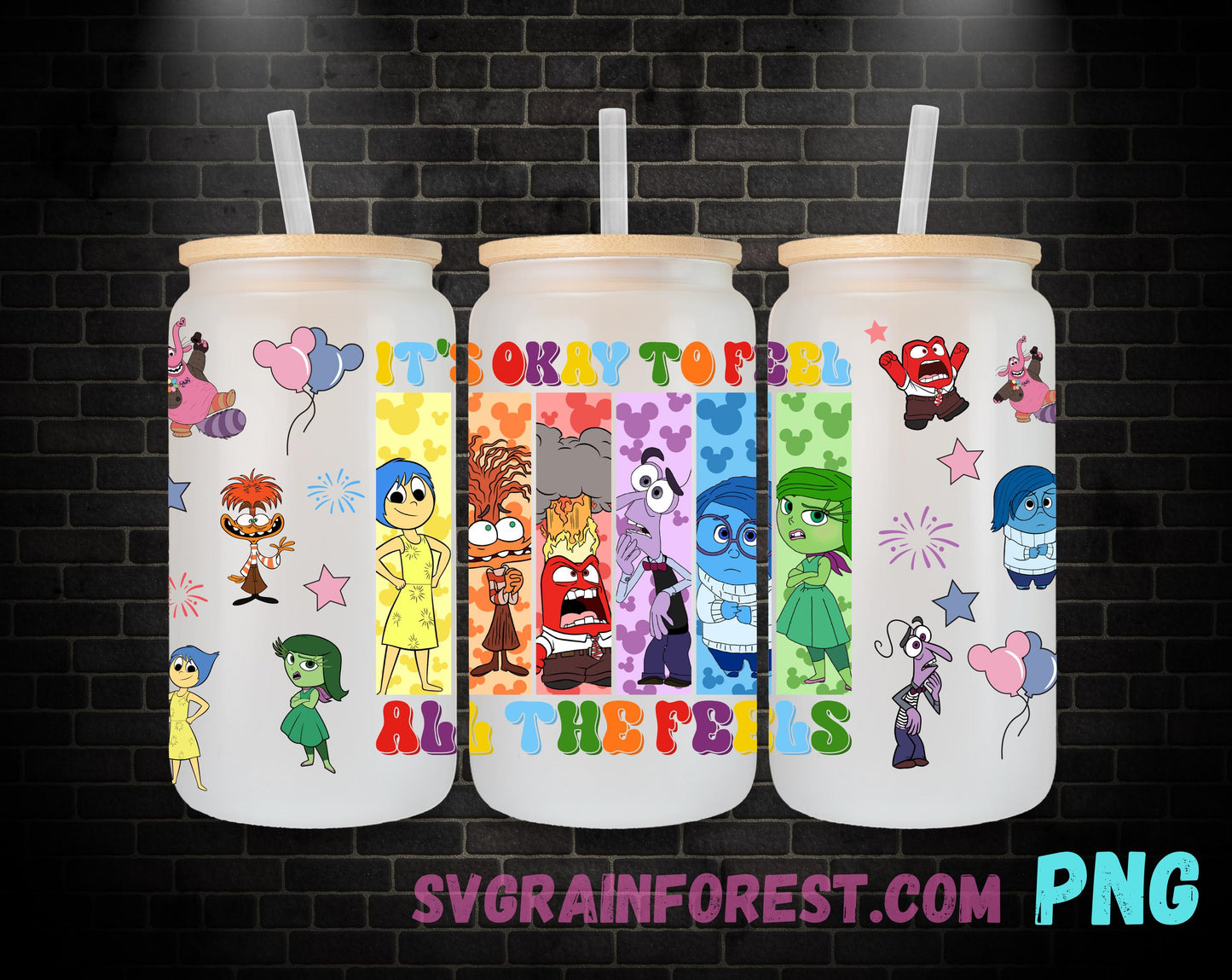 Inside Out 16oz Glass Can Wrap PNG, Libbey Glass Can Wrap Its Okay to feel all the feels Wrap, emotions Glass Can Wrap PNG