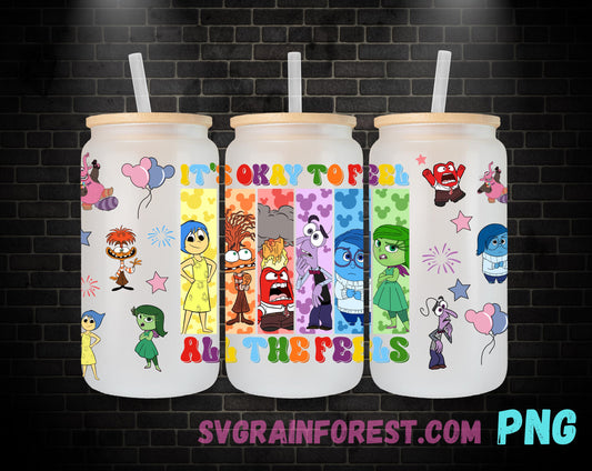 Inside Out 16oz Glass Can Wrap PNG, Libbey Glass Can Wrap Its Okay to feel all the feels Wrap, emotions Glass Can Wrap PNG