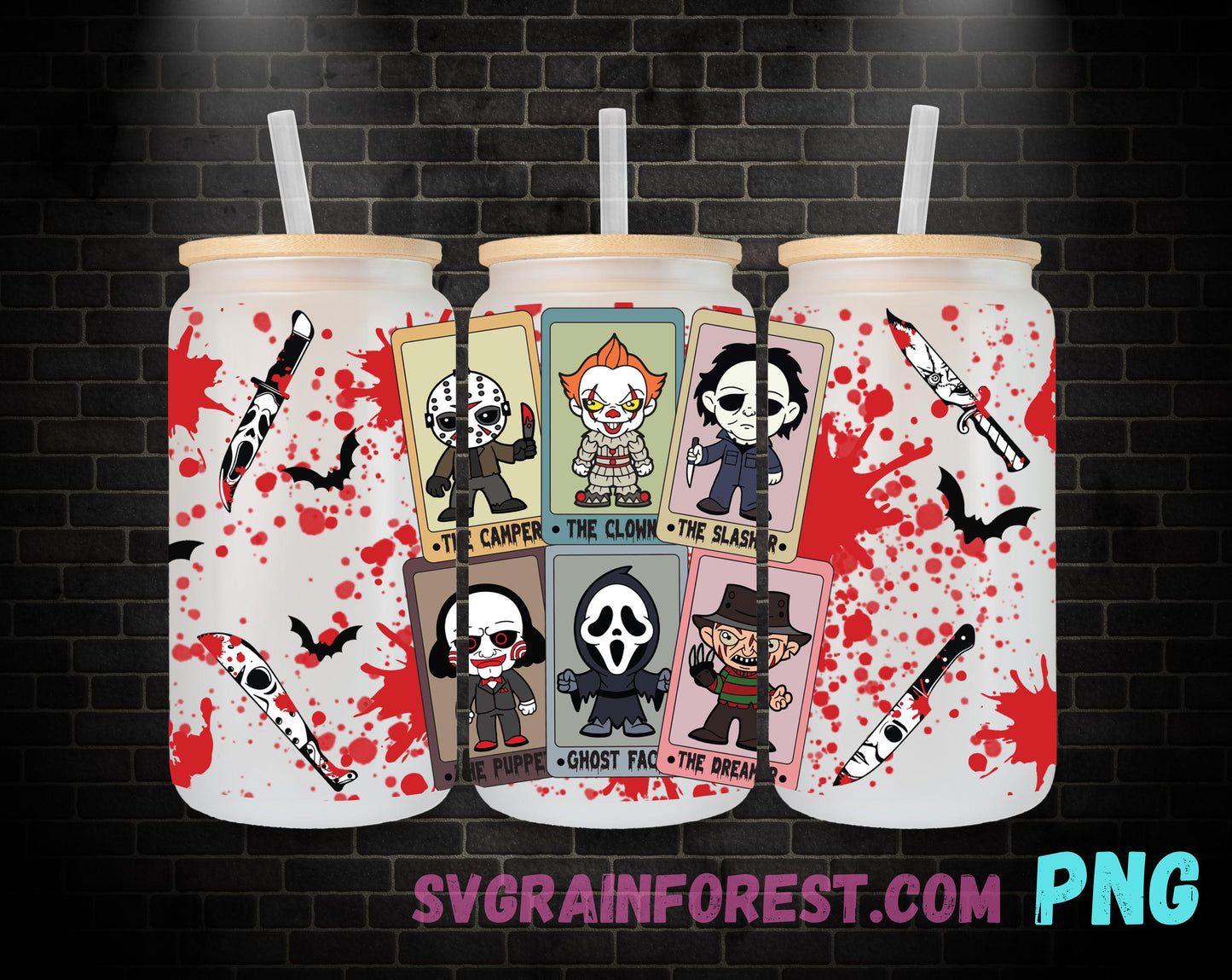 Bloody Horror Chucky Tiffany Saw Ghostface 16oz Libbey Glass Wrap , Movies Character 16oz Glass Wrap Png, Horror Halloween Glass Wrap