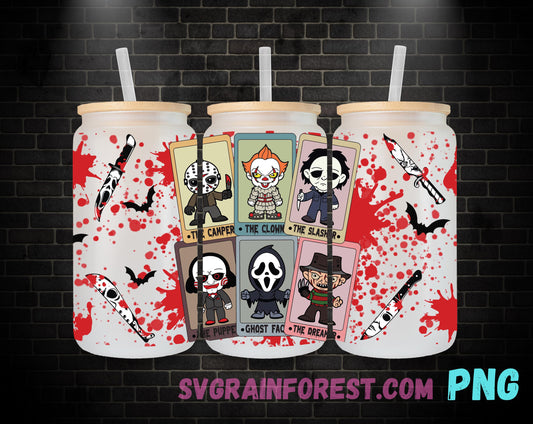 Bloody Horror Chucky Tiffany Saw Ghostface 16oz Libbey Glass Wrap , Movies Character 16oz Glass Wrap Png, Horror Halloween Glass Wrap