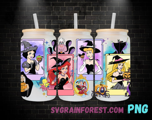 Princess Witches Halloween 16oz Glass Can Wrap PNG, Libbey Glass Can Wrap Christmas, Happy Halloween Glass Can Wrap PNG