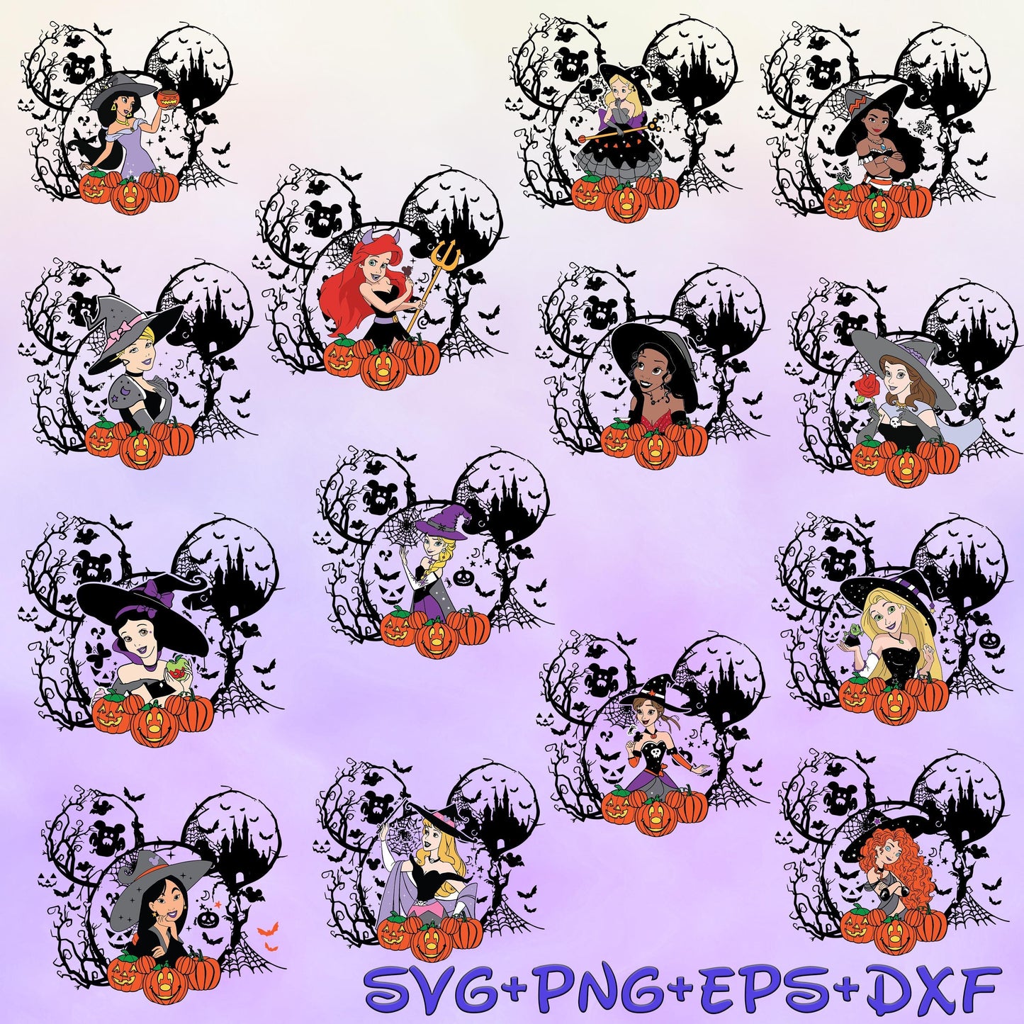 Princess Witches in Mousehead Halloween Svg, Princess Tiana Cinderella Belle Snow White Aurora Svg, Bundle, Happy Halloween Svg