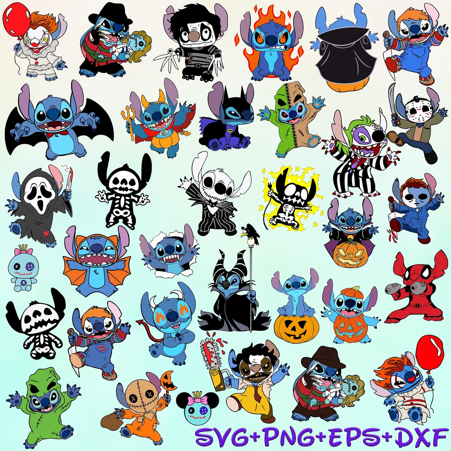 Stitch Halloween Freddy oogie Boogie Jack IT Evil svg Png Bundle, Happy Halloween Cartoon svg Png Bundle,Digital Download