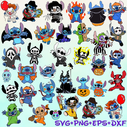 Stitch Halloween Freddy oogie Boogie Jack IT Evil svg Png Bundle, Happy Halloween Cartoon svg Png Bundle,Digital Download