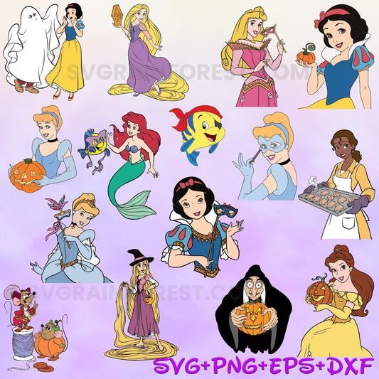 Princess With Masks Halloween Svg, Princess Tiana Cinderella Belle Snow White Aurora Svg, Bundle, Happy Halloween Svg, Cricut File png