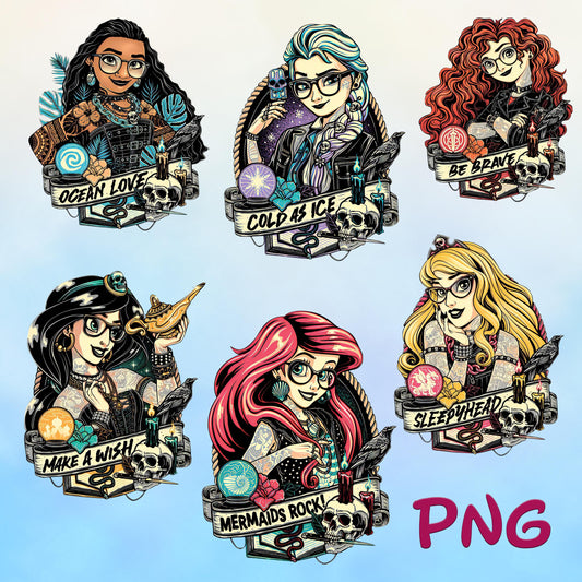 Punk Princess with Tattoos PNG Bundle, Rock Princess PNG, Magic Clipart, Cartoon PNG Sublimation, Vacation Theme Parks Spooky Season png