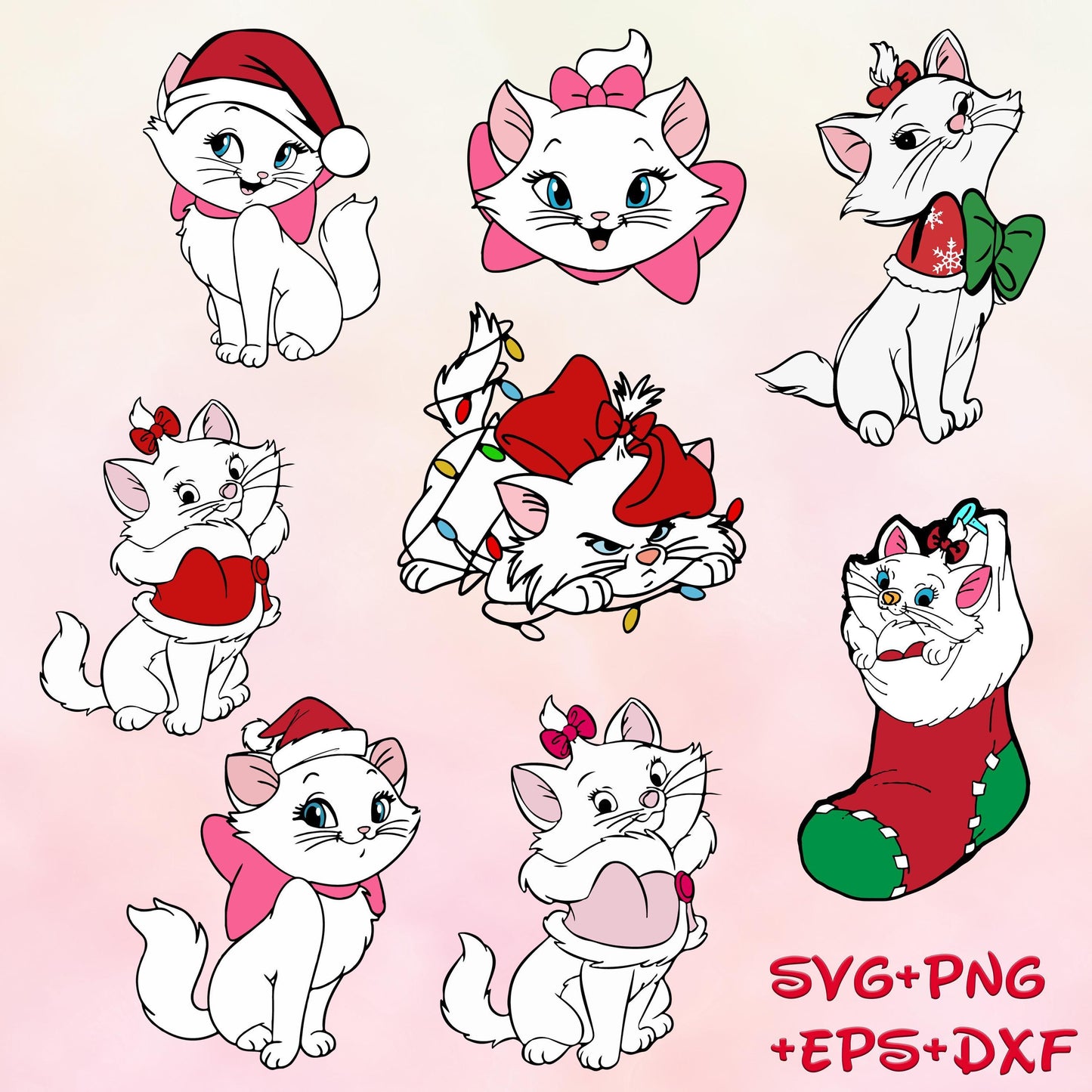 Marie Cat Meowy Christmas SVG, Retro Aristocats Marie Christmas svg, Christmas Lights Svg, Cute Cat Png, Digital File Bundle