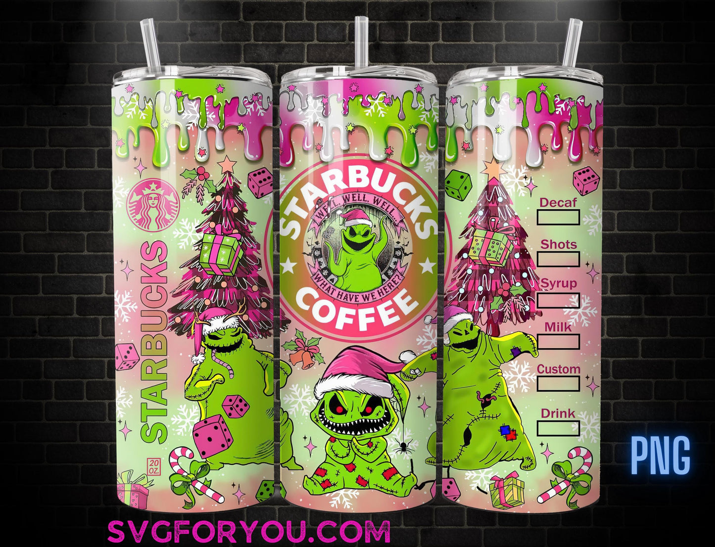 OOGIE BOOGIE Pink Santa Hat Slime Glitter Christmas 20 Oz Skinny Tumbler Png, Nightmare Before Christmas Png, Christmas 20oz Tumbler Wrap