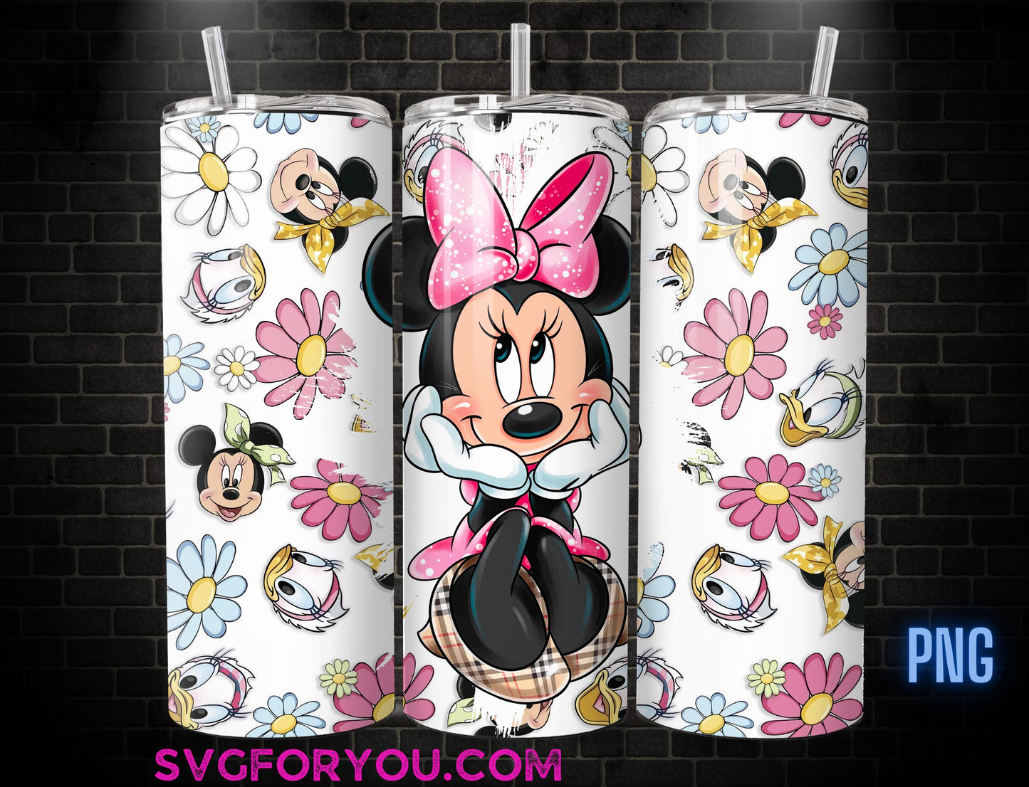 Retro Pink Floral Minnie Mouse 20 oz Skinny Tumbler, Mickey Mouse Sublimation Design Template, Mickey Comic Book Strip png