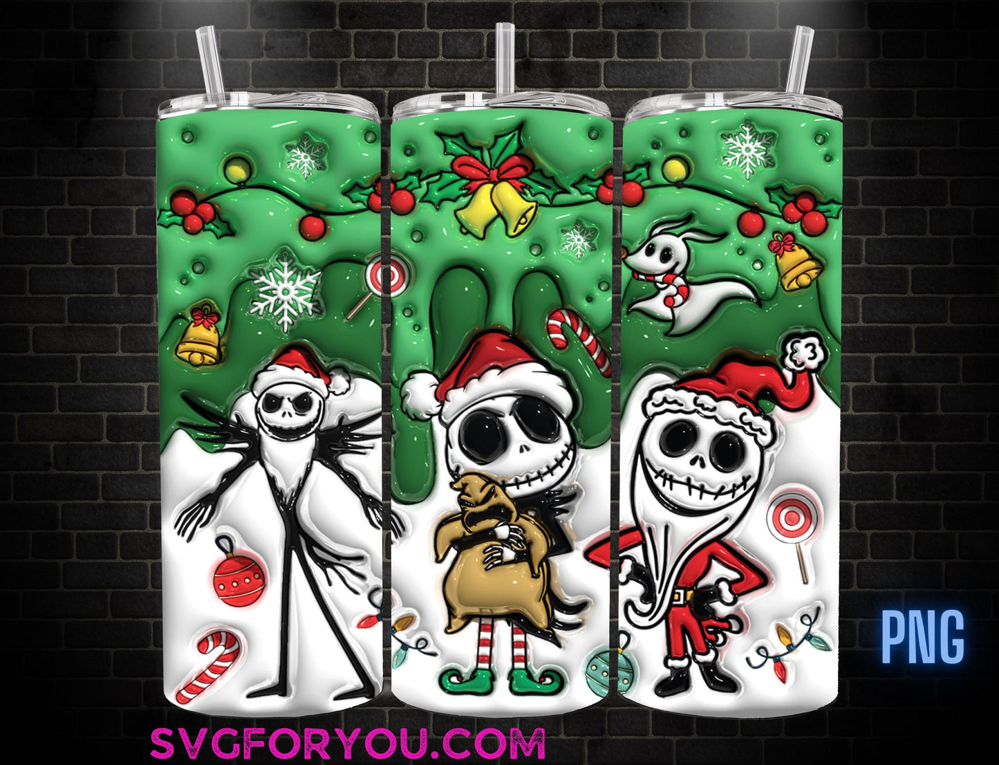 Santa Hat Jack and oogie boogie Inflated Christmas 20 Oz Skinny Tumbler Png, Nightmare Before Christmas Png, Christmas 20oz Tumbler Wrap
