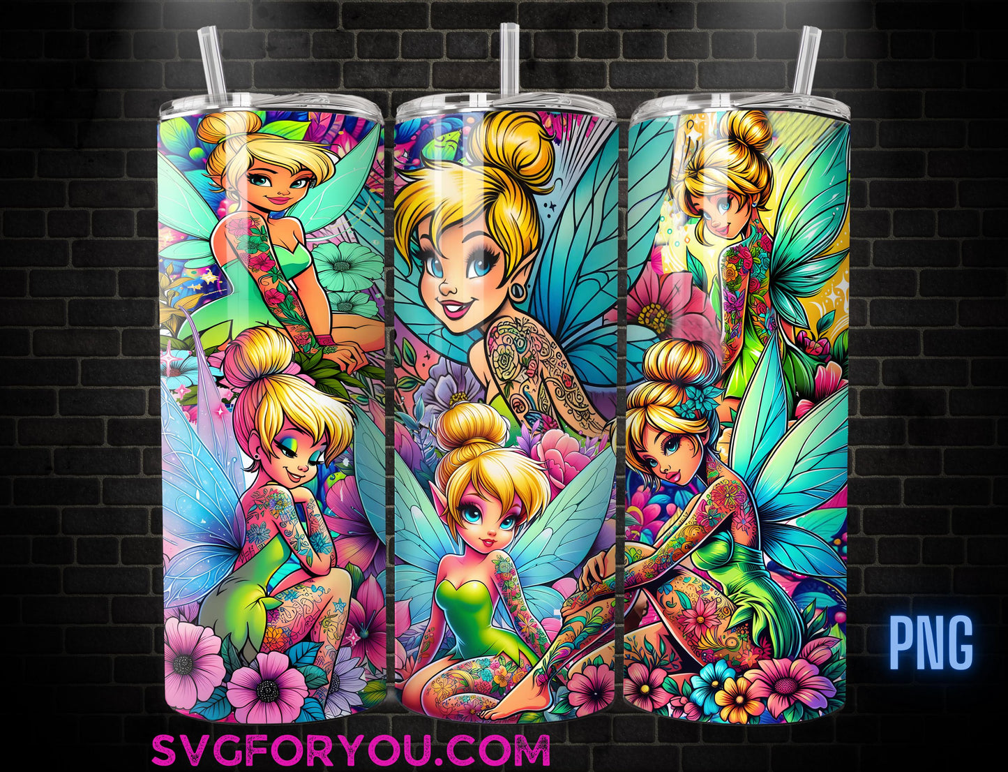Tinkerbell Tattoo Tumbler Wrap PNG, Tinkerbell Tumbler Wrap png, 20oz Skinny Tumbler png, Skinny Tumbler Wrap Design PNG
