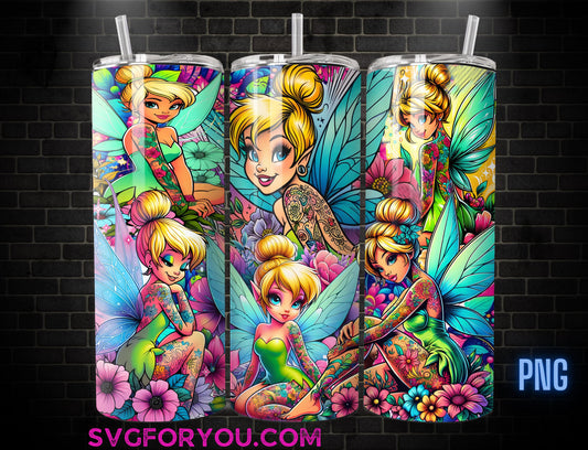 Tinkerbell Tattoo Tumbler Wrap PNG, Tinkerbell Tumbler Wrap png, 20oz Skinny Tumbler png, Skinny Tumbler Wrap Design PNG
