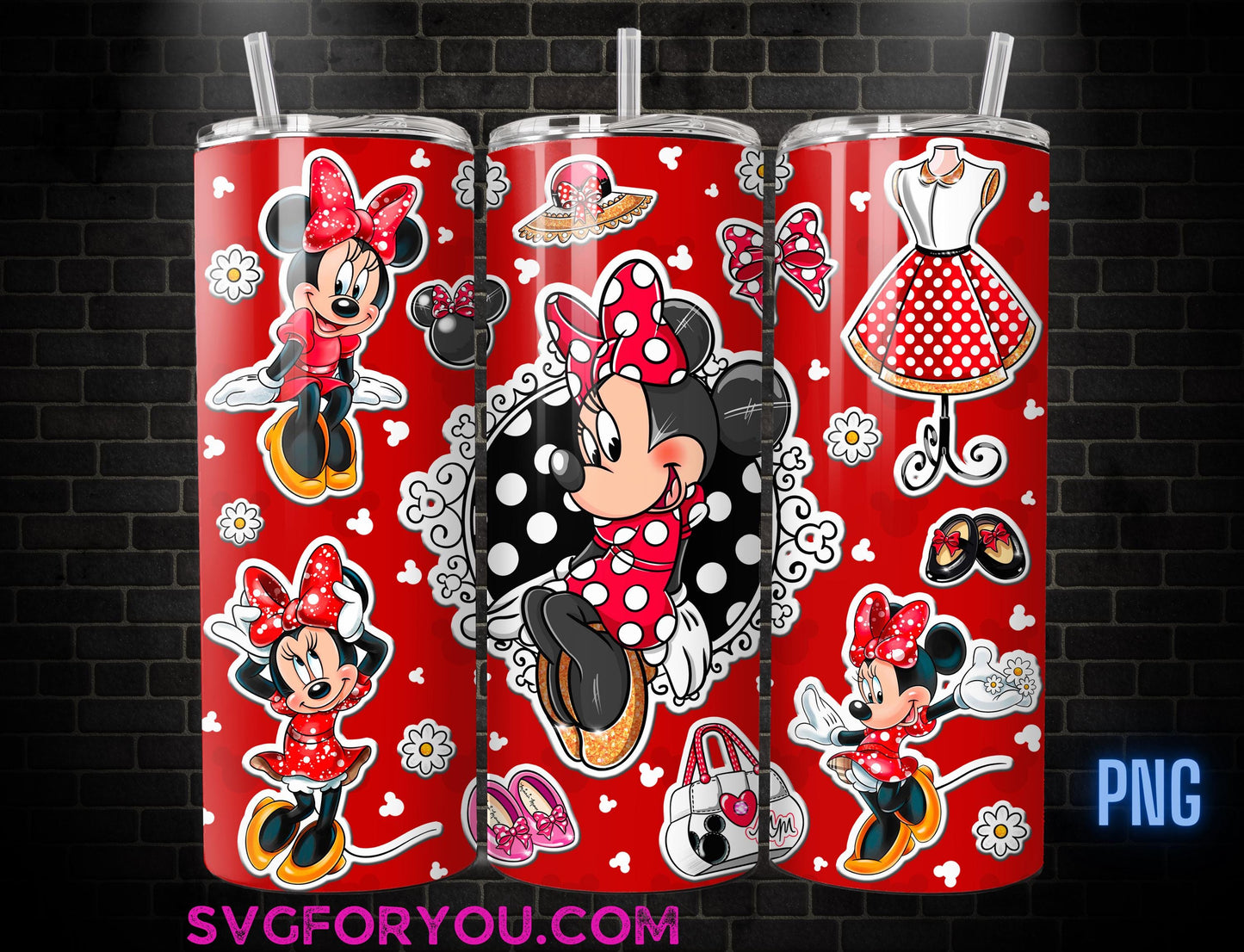 Retro Red Dress Minnie Mouse 20 oz Skinny Tumbler, Mickey Mouse Sublimation Design Template, Mickey Comic Book Strip png