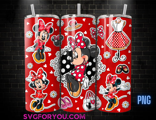 Retro Red Dress Minnie Mouse 20 oz Skinny Tumbler, Mickey Mouse Sublimation Design Template, Mickey Comic Book Strip png