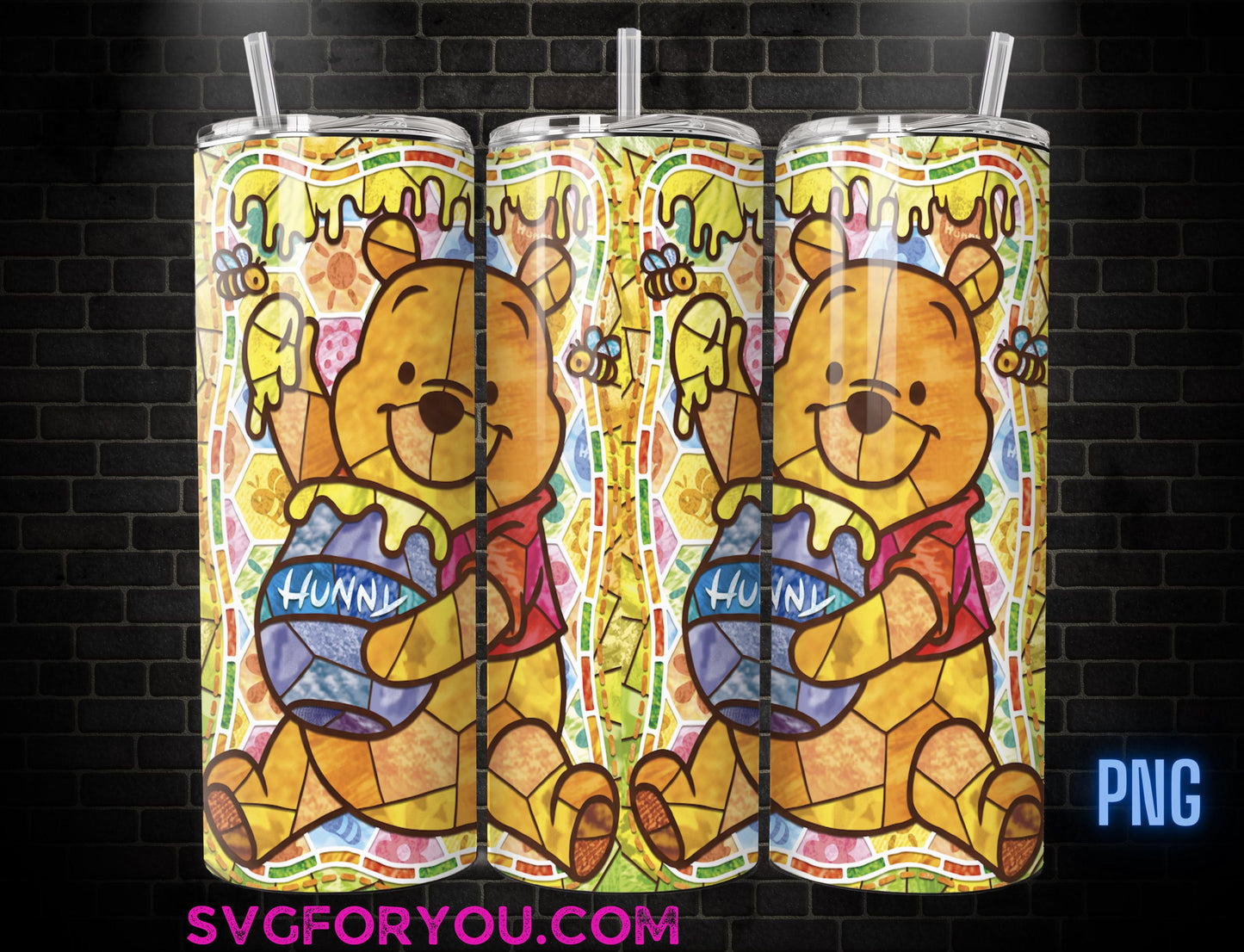 Stained Glass Winnie the Pooh 20oz Skinny Tumbler Template PNG, Pooh Skinny Tumbler Wrap Design PNG File Digital Download