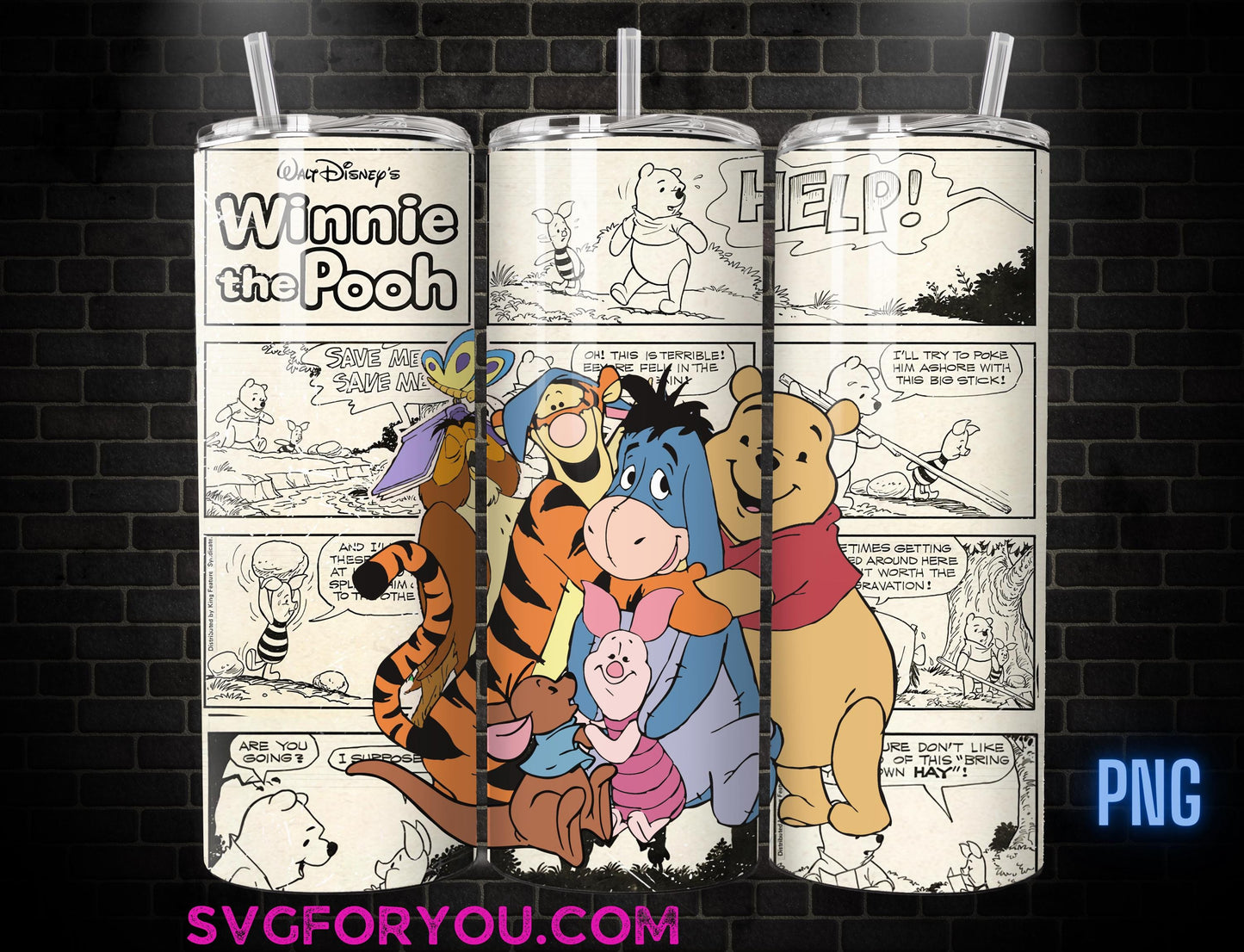 Retro Winnie the Pooh and Friends 20 oz Skinny Tumbler, Mickey Mouse Sublimation Design Template, Mickey Comic Book Strip png