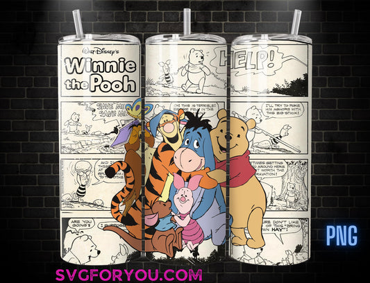 Retro Winnie the Pooh and Friends 20 oz Skinny Tumbler, Mickey Mouse Sublimation Design Template, Mickey Comic Book Strip png