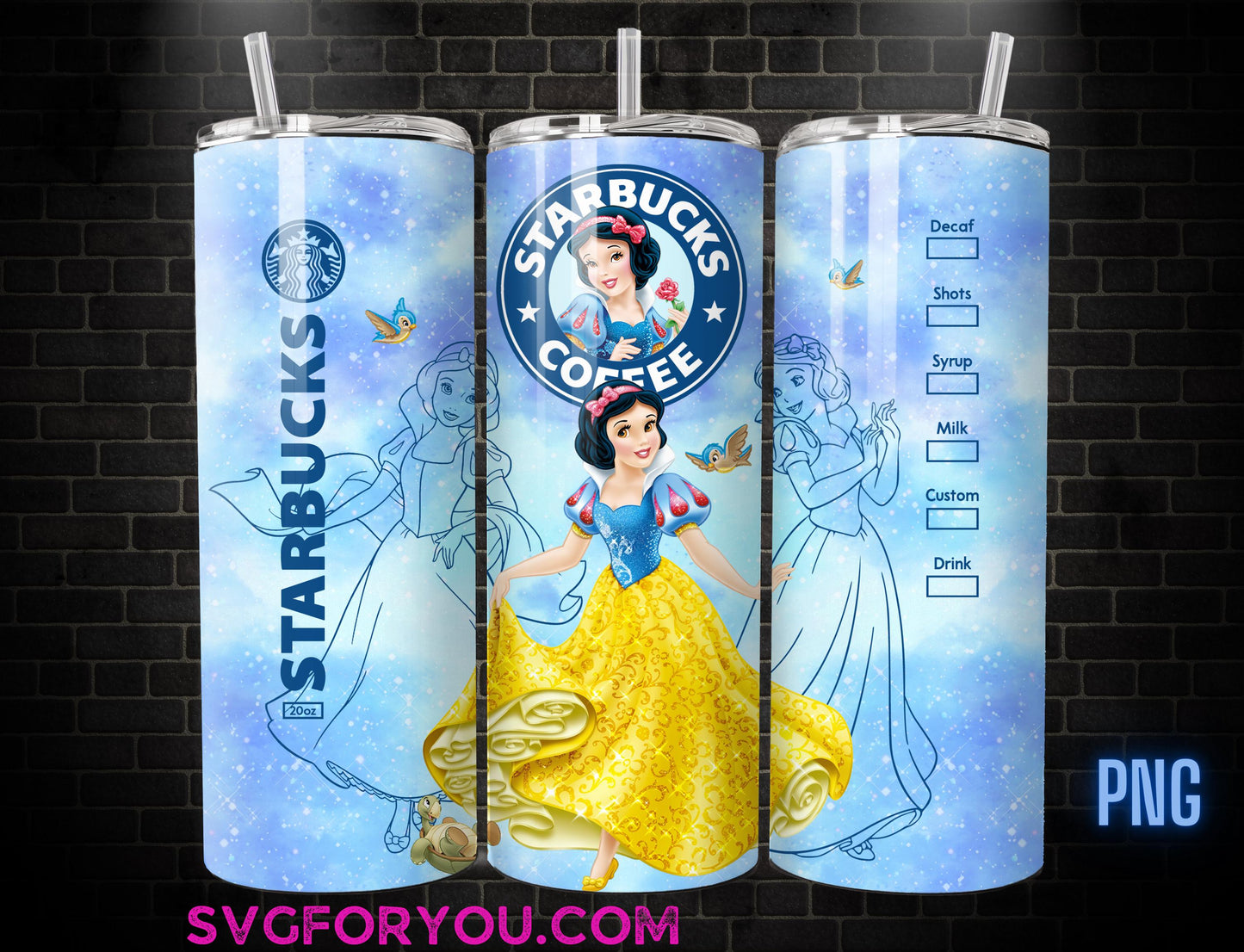 Princess Snow White Glitter 20oz Skinny Tumbler Template PNG, and the seven dwarves Skinny Tumbler Wrap Design PNG File Digital Download
