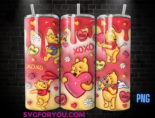 Winnie the Pooh xoxo Inflated Valentine 20oz Skinny Tumbler PNG, Pooh Skinny Tumbler Wrap Design PNG Digital Download