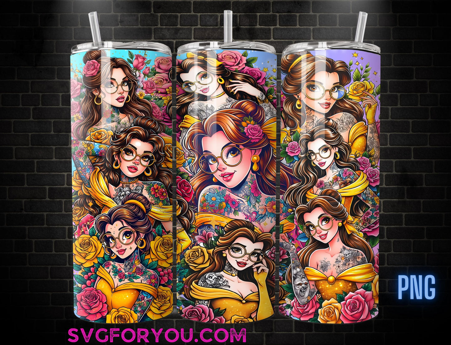 Belle Tattoo Tumbler Wrap PNG, The Beauty and the Beast Tumbler Wrap png, 20oz Skinny Tumbler png, Skinny Tumbler Wrap Design PNG
