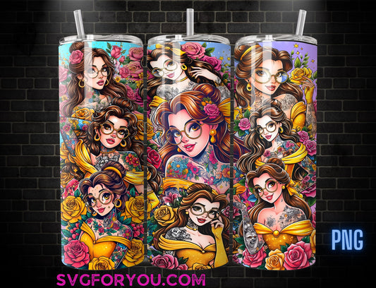 Belle Tattoo Tumbler Wrap PNG, The Beauty and the Beast Tumbler Wrap png, 20oz Skinny Tumbler png, Skinny Tumbler Wrap Design PNG