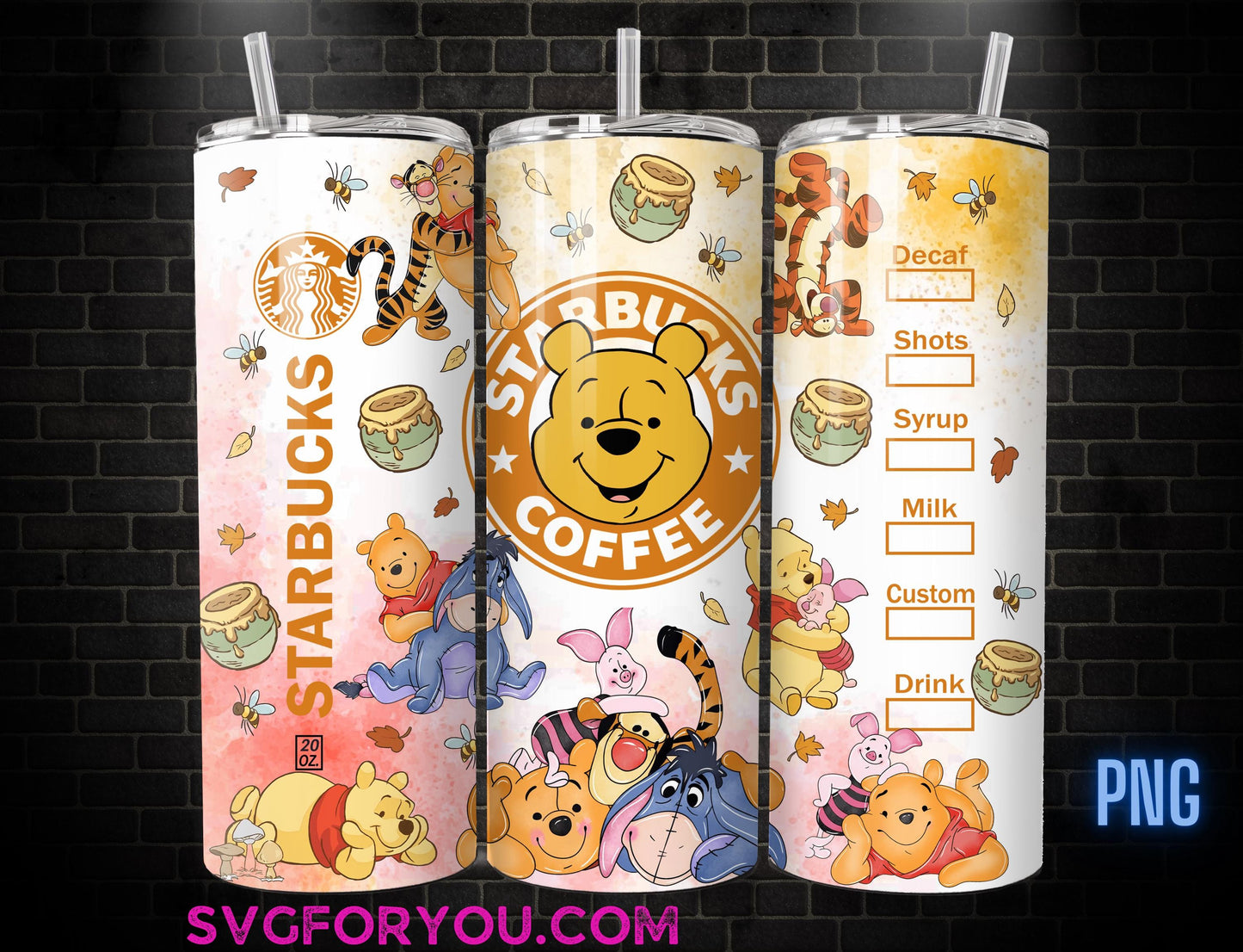 Winnie the Pooh Birds and Bees Autumn Fall 20oz Coffee Skinny Tumbler Template PNG, Pooh Skinny Tumbler Wrap Design PNG Digital Download